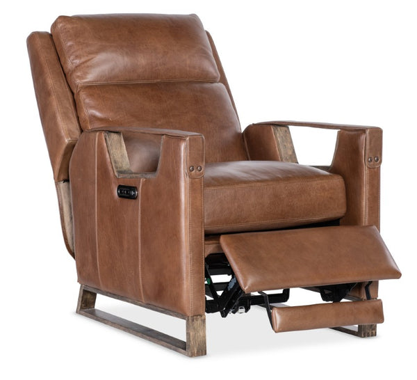 Hooker Furniture Relic Taupe Semi-Aniline Leather Power Recliner With Usb, Adjustable Headrest, Bustle Back & Wood Base Brown RC810-PH-082