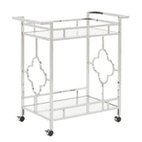 Homelegance By Top-Line Rhea Chrome Finish Floral Bar Cart with Mirror Bottom and Glass Top Chrome Metal