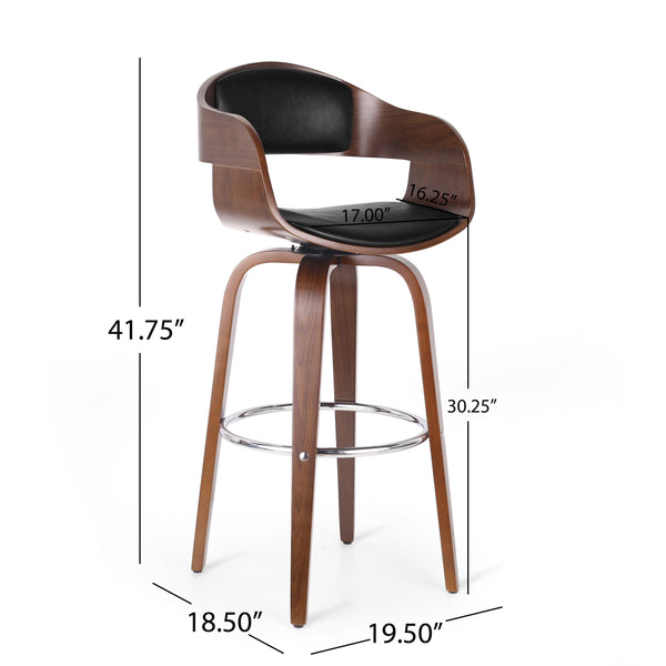 English Elm Christopher Knight Home® - BAR STOOL Mid-Century Modern Faux Leather Swivel with Walnut Veneer Frame and Chrome Footrest Black 67494.00PUMDNT