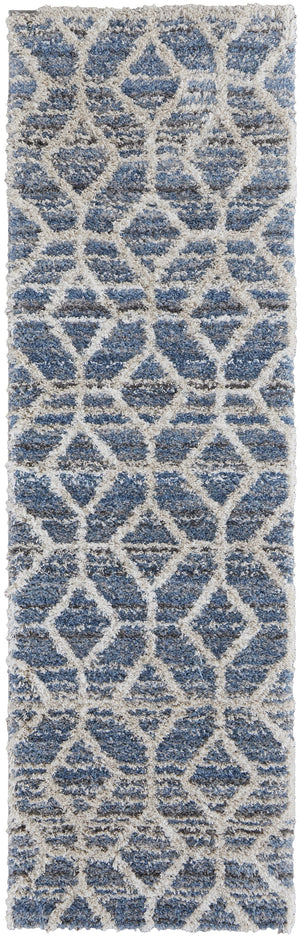 Feizy Rugs Mynka High Pile Geometric Area Rug - Pet-friendly, Stain Resistant, Ideal For High Traffic Spaces Blue,Ivory Polyester Myn39icfblu000i68