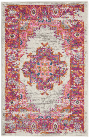 Nourison Passion PSN03 Machine Made Power-loomed Ornamental Border Indoor Only Bohemian Vintage Rug Ivory,Fuchsia, Pink and White 100% Polypropylene 99446388094