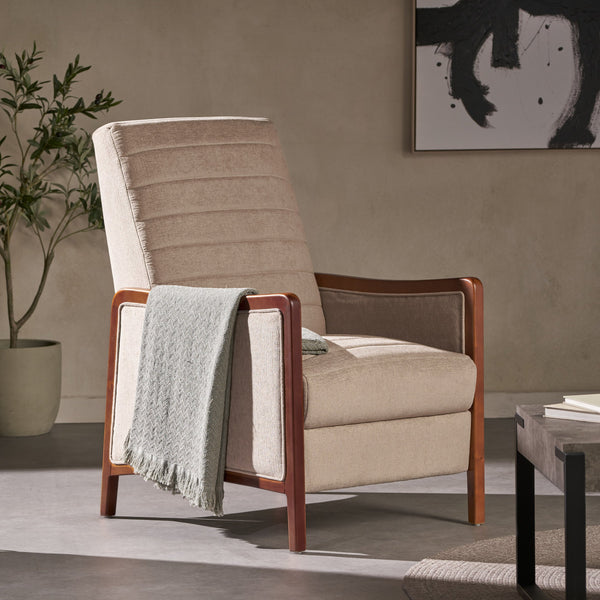 English Elm Christopher Knight Home® - Mid Century Modern Sand Fabric Recliner with Channel Stitch & Birch Wood Frame, Pushback Comfort 70451.00FSND