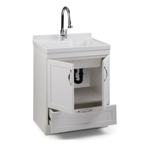 English Elm Maile 28" Laundry Cabinet with Deep 12.8" ABS Sink, Pull-Out Faucet, Storage Drawer, Pure White B136P158804