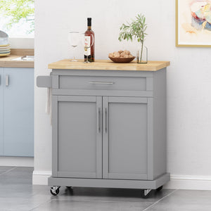 English Elm Christopher Knight Home® - Kitchen Island Cart Grey with Solid Rubberwood Top, Mobile Storage Cabinet, Drawer, Towel Rack, Wheels 67795.00NATGRY