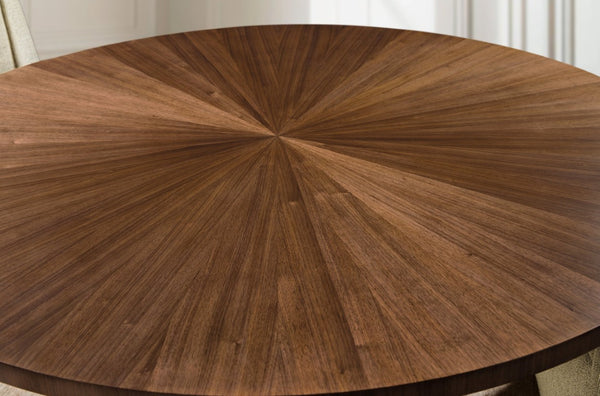 Hooker Furniture Eleana 66" Round Dining Table With Starburst Walnut Top & Sunlit Bronze Pedestal — Seats 6–8 7252-75201-85