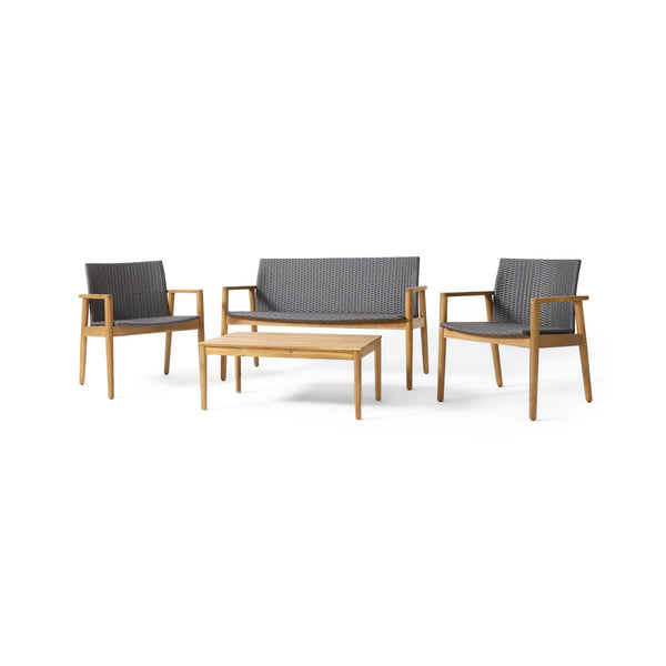 English Elm Christopher Knight Home® - BRYAN Teak Chat Set with Acacia Wood Frame & Wicker Seating — Loveseat, 2 Chairs, Coffee Table 73992.00GRY