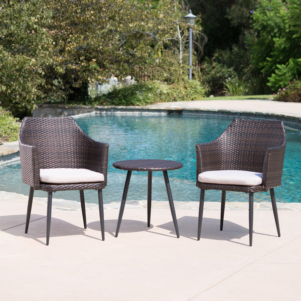 English Elm Christopher Knight Home® - KENNETH Brown Multi 3-Pc Chat Set – PE Rattan Bistro Outdoor Patio Seating with Waterproof Cushions and Iron Frame (Compact) 61209.00MBN
