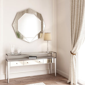 A.R.T. Furniture Mezzanine Console Table In Dove Gray - Antique Mirror Drawers, Glass Top & Stylish Storage Solutions Light Gray Parawood And Poplar Solids,Maple Veneer,Mirror,Glass,Steel 325327-2249