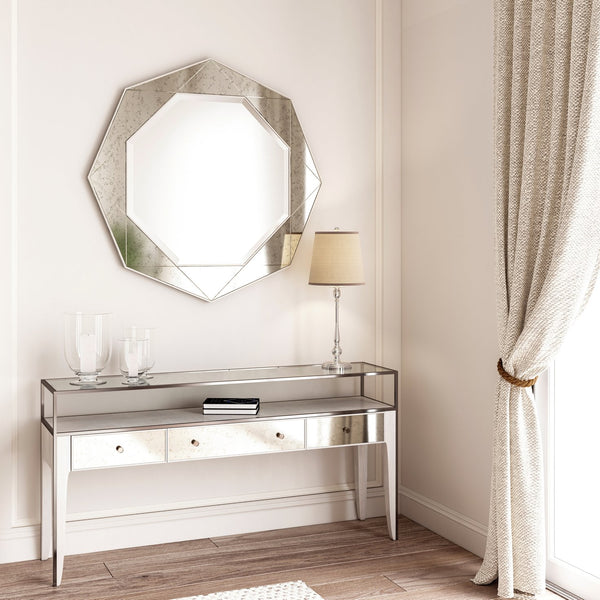 A.R.T. Furniture Mezzanine Console Table In Dove Gray - Antique Mirror Drawers, Glass Top & Stylish Storage Solutions Light Gray Parawood And Poplar Solids,Maple Veneer,Mirror,Glass,Steel 325327-2249