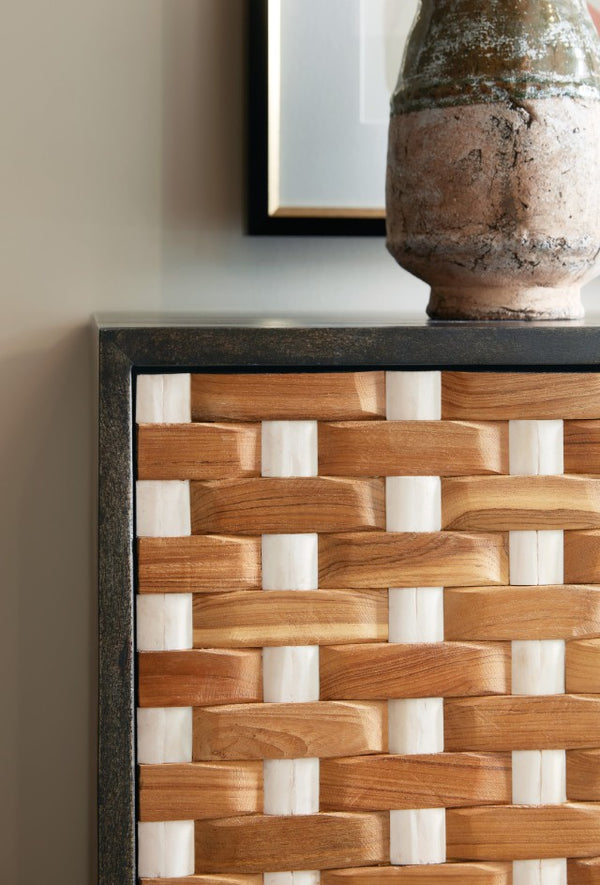 Hooker Furniture Commerce Mango & Bone Woven 2-Door Accent Chest — Rustic Black Case, Soft-Close Doors, Iron Base 7228-50731-89
