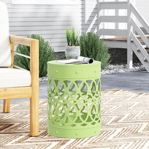 English Elm Outdoor Powder-coated Iron End Table with Geometric Cutout Design for Patio Lounging 73607.00GRN