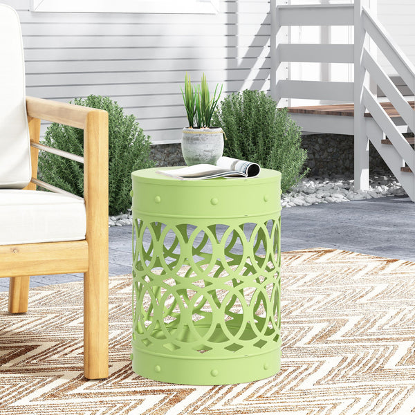 English Elm Outdoor Powder-coated Iron End Table with Geometric Cutout Design for Patio Lounging 73607.00GRN