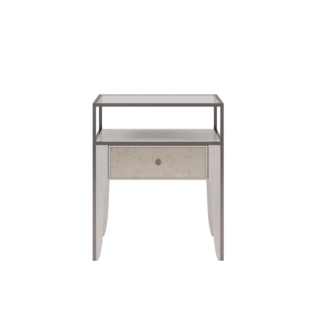 A.R.T. Furniture Mezzanine Dove Gray End Table With Antique Mirror Drawer, Glass Top, And Stylish Metal Frame Storage Light Gray Parawood And Poplar Solids,Maple Veneer,Mirror,Glass,Steel 325324-2249