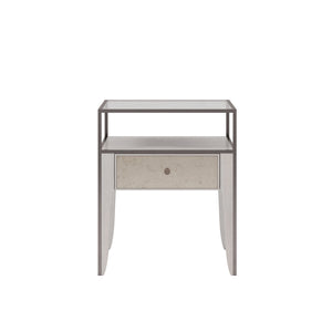 A.R.T. Furniture Mezzanine Dove Gray End Table With Antique Mirror Drawer, Glass Top, And Stylish Metal Frame Storage Light Gray Parawood And Poplar Solids,Maple Veneer,Mirror,Glass,Steel 325324-2249