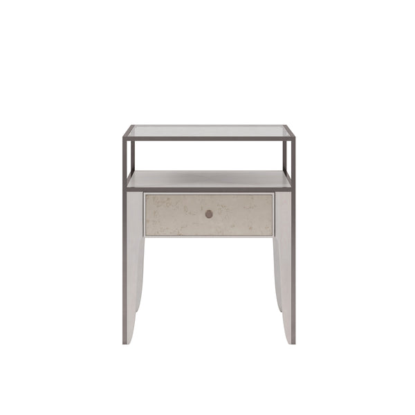 A.R.T. Furniture Mezzanine Dove Gray End Table With Antique Mirror Drawer, Glass Top, And Stylish Metal Frame Storage Light Gray Parawood And Poplar Solids,Maple Veneer,Mirror,Glass,Steel 325324-2249
