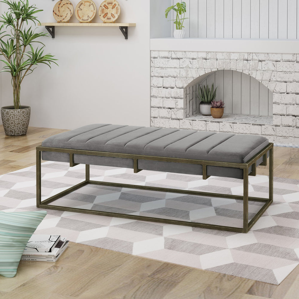 English Elm Ottoman Channel Pleated Velvet Bench with Slim Metal Frame for Modern Living Rooms 62486.00NVLTGRY