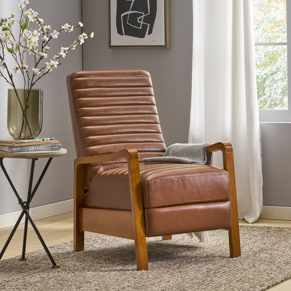 English Elm Christopher Knight Home® - Faux Leather Wood Hand Manual Club Recliner Light Brown PU Push-Back Channel Stitching Rubberwood Frame 71261.00PUCOGN