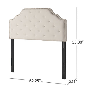 English Elm Tufted Queen Headboard with Nailhead Trim Solid Wood Frame and Adjustable Metal Legs Ivory 57877.00IVY