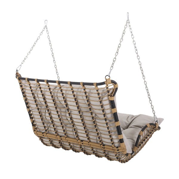 English Elm Christopher Knight Home® - ARRUDA Wicker Porch Swing with Water-Resistant Cushions, Iron Frame, Boho Outdoor Hanging Seat, 800 lb Capacity Brown+Beige 70653.00BGE