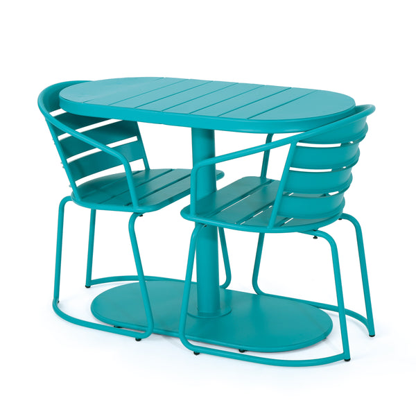 English Elm Santa Monica Outdoor Bistro Set Powder Coated Iron Oval Table Two Slat Chairs Patio 62015.00T