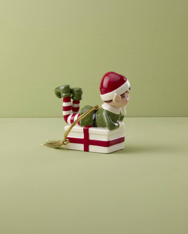 Lenox Christmas Elf Sitting On Present Ornament Green, IVORY PORCELAIN 896180