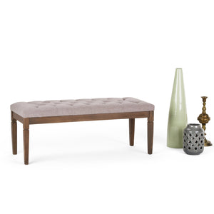 English Elm Waverly Tufted Ottoman Bench in Cloud Grey Linen Look Fabric – Solid Wood Frame, Carved Legs, Versatile Seating B136P158193