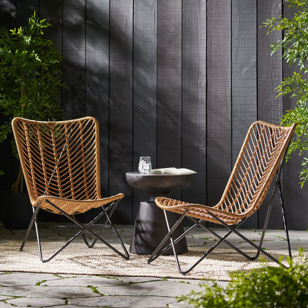English Elm Gatlin Woven Wicker Outdoor Accent Chair Set Bohemian Curved Shell with Geometric Base 70650.00LBRN
