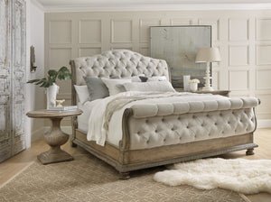 Hooker Furniture Castella Grand King Tufted Bed With Acanthus Carvings, Distressed Antique Slate Finish, Plush Upholstery Light Brown 5878-90566-80