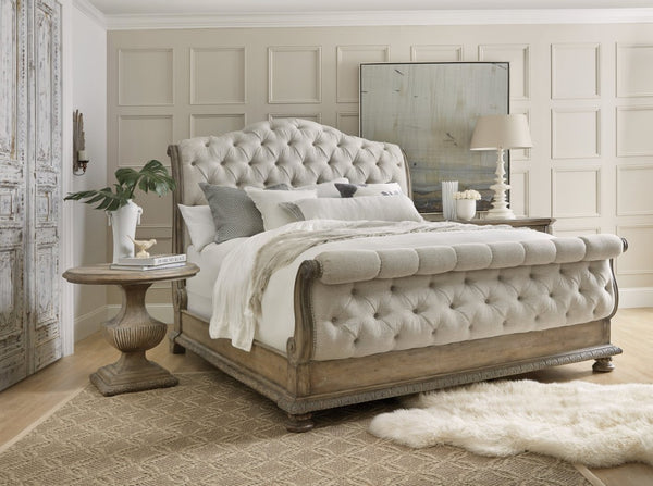 Hooker Furniture Castella Grand King Tufted Bed With Acanthus Carvings, Distressed Antique Slate Finish, Plush Upholstery Light Brown 5878-90566-80