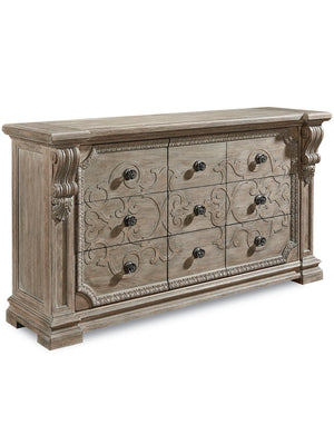 A.R.T. Furniture Arch Salvage Wren Dresser - Elegant New Traditional Design With 9 Drawers, Cedar Lined & Acanthus Motif Brown, Gray Elm And Parrawood Solids,Cathedral Elm Veneers,Metal,Acrylic 233131-2802