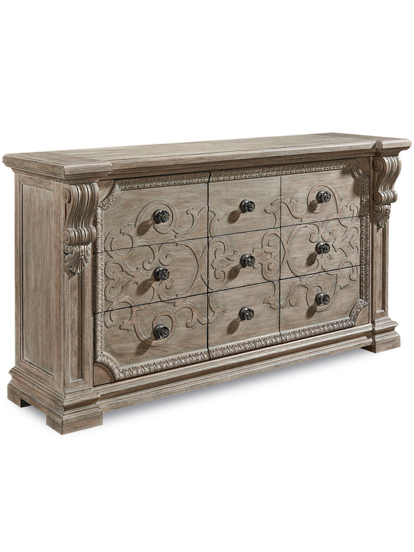 A.R.T. Furniture Arch Salvage Wren Dresser - Elegant New Traditional Design With 9 Drawers, Cedar Lined & Acanthus Motif Brown, Gray Elm And Parrawood Solids,Cathedral Elm Veneers,Metal,Acrylic 233131-2802