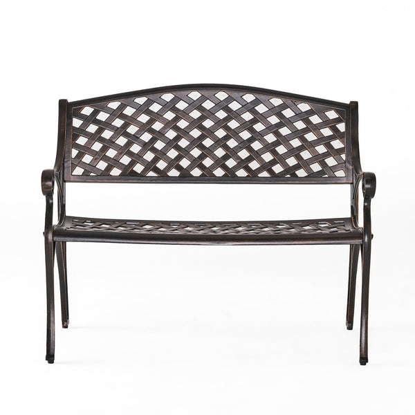 English Elm Spencer Cast Aluminum Outdoor Bench Antique Copper Finish Scrolled Arms Garden Patio 50327.00LVS
