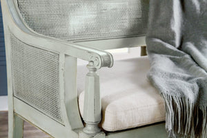 Hooker Furniture Charleston Vintage-Inspired Haint Blue Bench With Cane Accents, Distressed Legs & Oyster Cushion 6750-50004-40