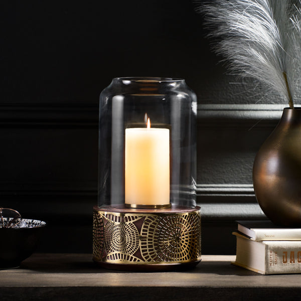 English Elm Christopher Knight Home® - CIRCLE Mango Wood Hurricane Candle Holder with Ornate Gold Accents, Handcrafted Boho Tempered Glass 72064.00