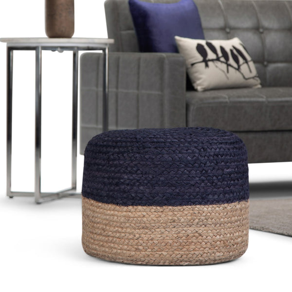 English Elm Lydia Handcrafted Round Pouf in Navy & Natural Braided Jute — Supportive, Versatile 18" Accent Seat B136P159306