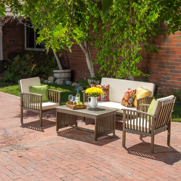 English Elm 4pc Outdoor Chat Set Solid Acacia Wood Loveseat Club Chairs and Coffee Table Patio Grey+Cream 59116.00GRY