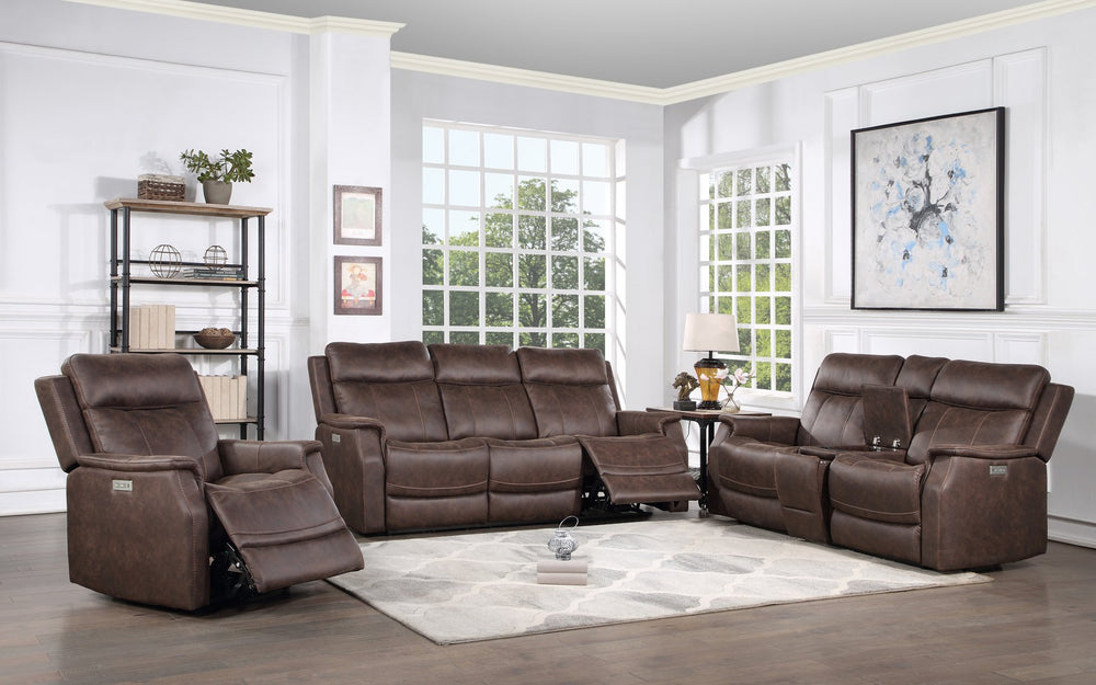 English Elm Steve Silver - Valencia Dual Power Reclining 3-Piece Living Room Set in Dark Brown Faux Leather with Console Storage and Cupholders B081S00311