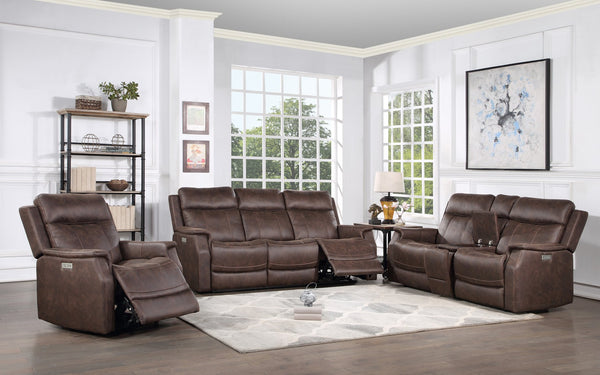 English Elm Steve Silver - Valencia Dual Power Reclining 3-Piece Living Room Set in Dark Brown Faux Leather with Console Storage and Cupholders B081S00311