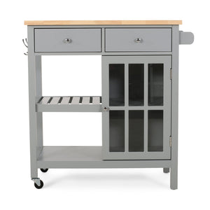 English Elm Christopher Knight Home® - Kitchen Island Cart with Rubberwood Top, Grey Mobile Kitchen Cart on Wheels with Cabinet, Hooks and Drawers 67755.00NATGRY