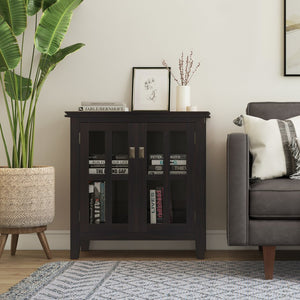 English Elm Artisan Low Storage Cabinet In Rich Hickory Brown - Handcrafted Wood, Glass Doors & Adjustable Shelves B136P158396