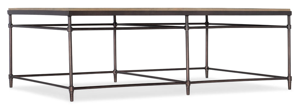 Hooker Furniture St. Armand Rectangular Cocktail Table With Distressed Acacia Top And Brushed Pewter Metal Base, Modern Minimalism Bronze 5601-80109-LTWD