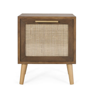 English Elm Christopher Knight Home® - END TABLE Walnut Contemporary Engineered Wood with Rattan Accents, Drawer Storage & Antique Gold Pull 71097.00