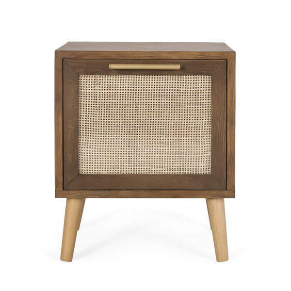 English Elm Christopher Knight Home® - END TABLE Walnut Contemporary Engineered Wood with Rattan Accents, Drawer Storage & Antique Gold Pull 71097.00