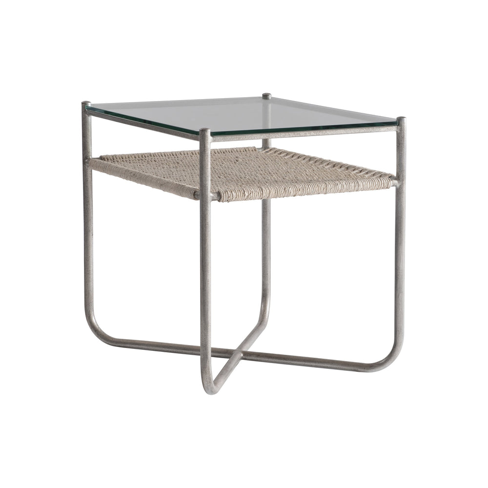 Bernhardt Bernhardt Kendo Side Table With Tempered Glass Top, Woven Abaca Shelf & Graphite Steel Frame, 22" Wide 328121
