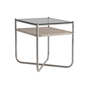 Bernhardt Bernhardt Kendo Side Table With Tempered Glass Top, Woven Abaca Shelf & Graphite Steel Frame, 22" Wide 328121