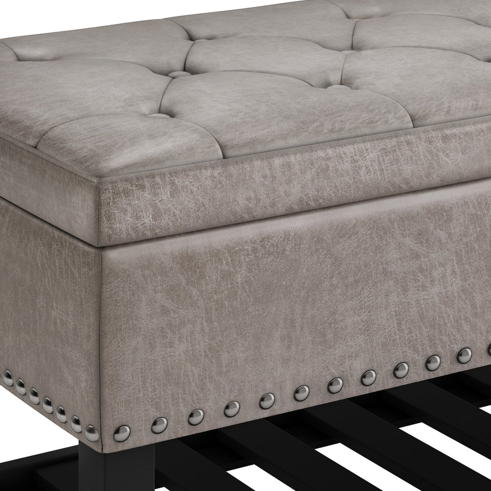 English Elm Lomond Storage Ottoman Bench - Distressed Grey Taupe With Tufting, Hidden Storage & Open Shelf B136P159125