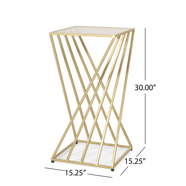 English Elm Christopher Knight Home® - END TABLE Champagne Iron Twisted Hourglass Accent Table with Tempered Glass Top, Modern Glam Chic 71940.00