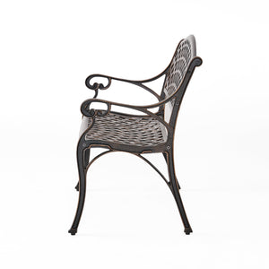 English Elm Spencer Cast Aluminum Outdoor Bench Antique Copper Finish Scrolled Arms Garden Patio 50327.00LVS