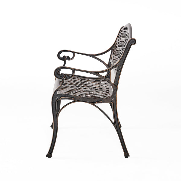 English Elm Spencer Cast Aluminum Outdoor Bench Antique Copper Finish Scrolled Arms Garden Patio 50327.00LVS