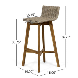 English Elm Christopher Knight Home® - LA La Brea Acacia Wood & Wicker Barstool Set of 2 — Outdoor Faux Rattan Seats with Iron X-Stretcher Frame Brown 65431.00LBRN